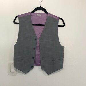 Calvin Klein Kids dress vest, front grey plaid, back purple satin, size L,